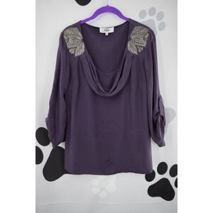 Tibi 100% Silk Beaded Shoulder Blouse Roll Tab Sleeves Purple Size 10